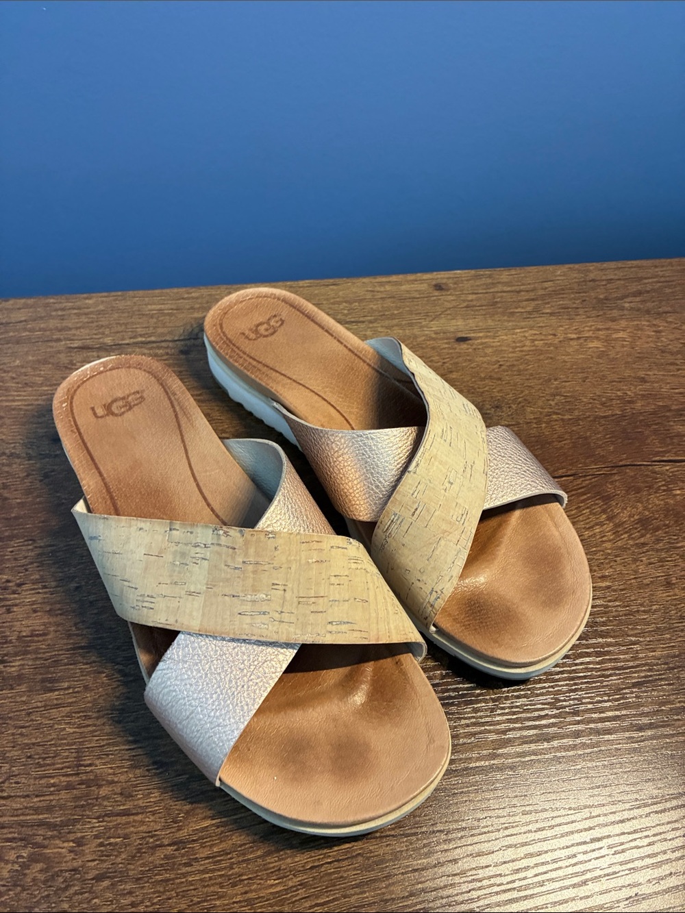 UGG Women's Crossband Slides in Metallic Rose and Cork-Tone